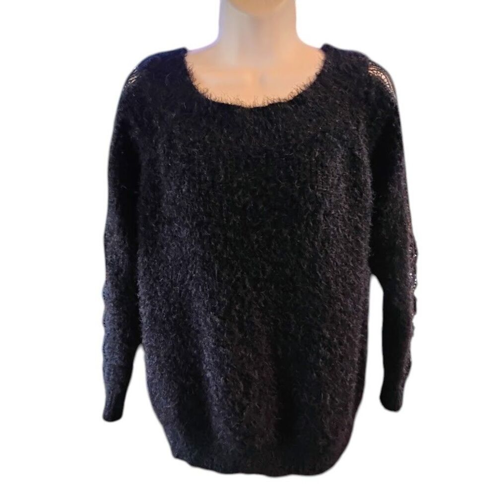 Willow + Root Black Shaggy Eyelash Sweater Size M Open Lace Trim Sleeves Whimsy